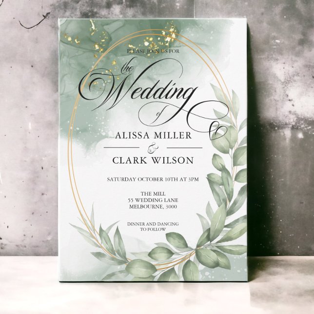 Watercolor Eucalyptus Greenery Gold Wedding Invitation (Creator Uploaded)