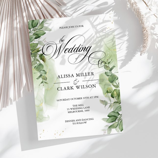 Watercolor Eucalyptus Greenery Gold Wedding Invitation (Creator Uploaded)