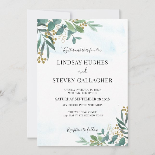 Watercolor Eucalyptus Greenery Gold Wedding  Invitation (Front)