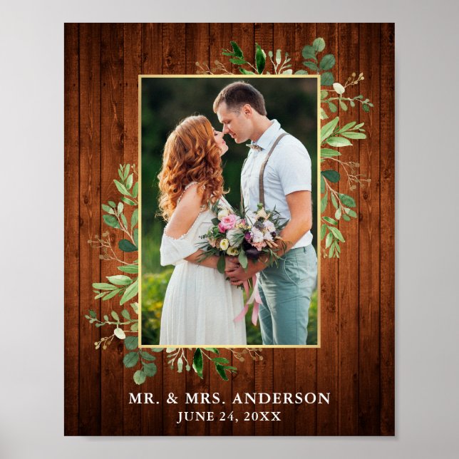 Watercolor Eucalyptus Greenery Gold Wood Photo Poster (Front)