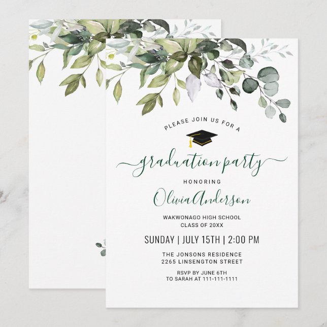 Watercolor Eucalyptus Greenery Graduation Party Invitation (Front/Back)