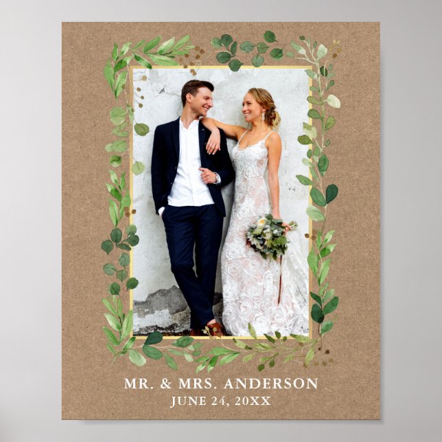 Watercolor Eucalyptus Greenery Kraft Gold Photo Poster (Front)