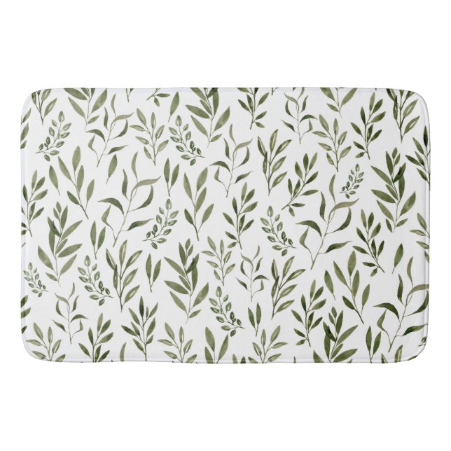 Watercolor Eucalyptus Greenery Leaves Pattern Bath Mat (Front)