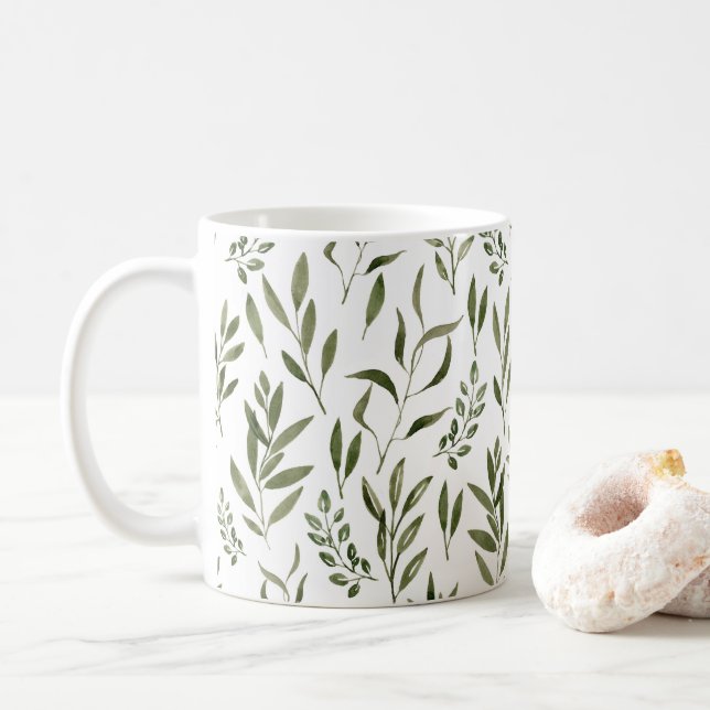 Watercolor Eucalyptus Greenery Leaves Pattern   Coffee Mug (With Donut)