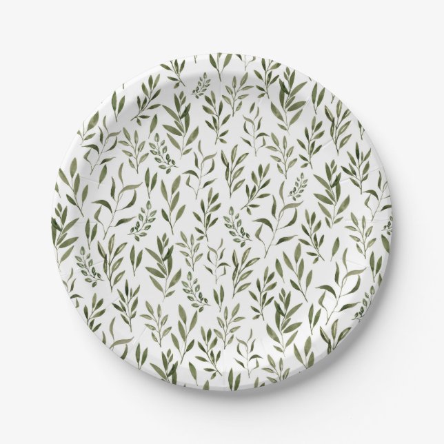 Watercolor Eucalyptus Greenery Leaves Pattern  Paper Plate (Front)