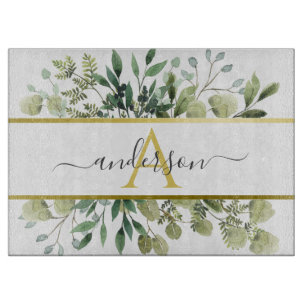 Watercolor Eucalyptus & Greenery   Monogram Cutting Board