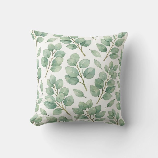 Watercolor Eucalyptus Greenery Pattern Cushion (Front)