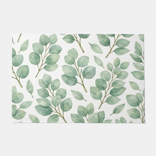 Watercolor Eucalyptus Greenery Pattern Doormat (Front)