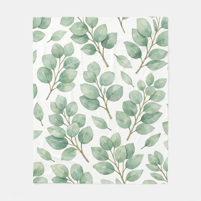 Watercolor Eucalyptus Greenery Pattern Fleece Blanket (Front)