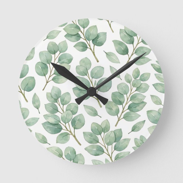 Watercolor Eucalyptus Greenery Pattern Round Clock (Front)