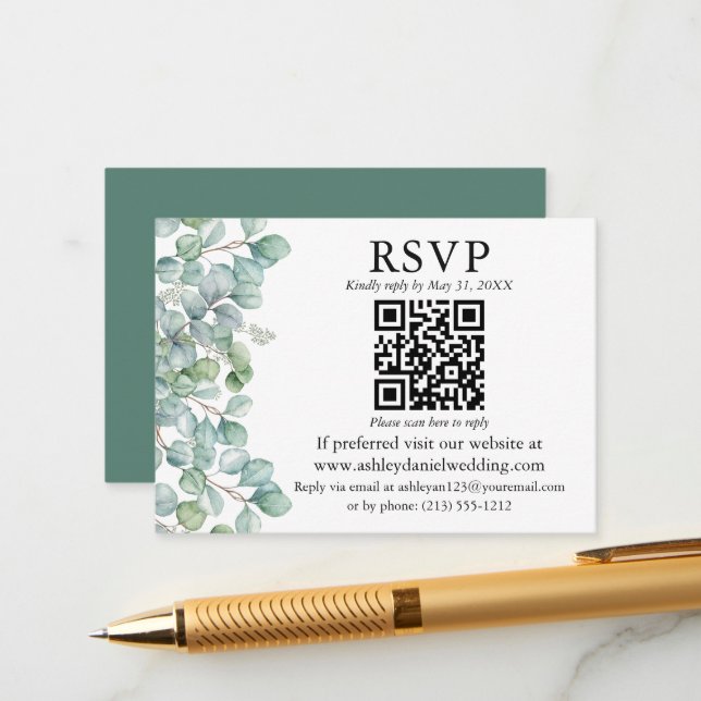 Watercolor Eucalyptus Greenery QR RSVP Wedding Enclosure Card (Front/Back In Situ)