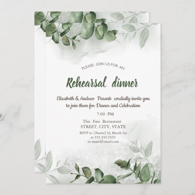 Watercolor Eucalyptus Greenery  Rehearsal Dinner   Invitation (Front/Back)
