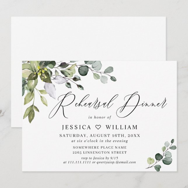 Watercolor Eucalyptus Greenery Rehearsal Dinner Invitation (Front/Back)