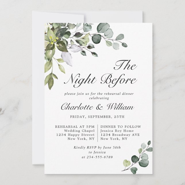 Watercolor Eucalyptus Greenery Rehearsal Dinner Invitation (Front)