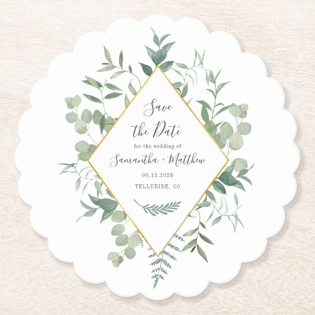 Watercolor Eucalyptus Greenery Save the Date Paper Coaster (Front)