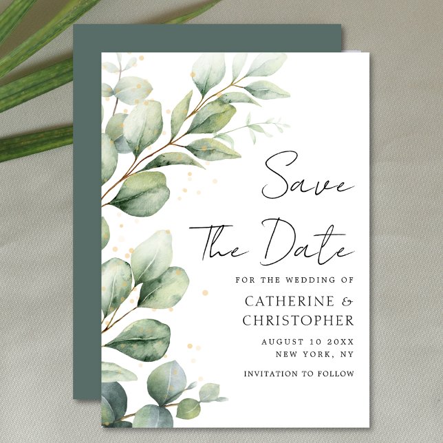 Watercolor Eucalyptus Greenery Script Wedding Save The Date (Creator Uploaded)