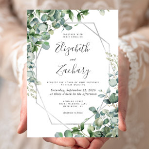 Watercolor Eucalyptus Greenery Silver Geo Wedding Invitation