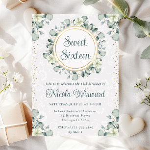 Watercolor Eucalyptus Greenery Sweet Sixteen Invitation