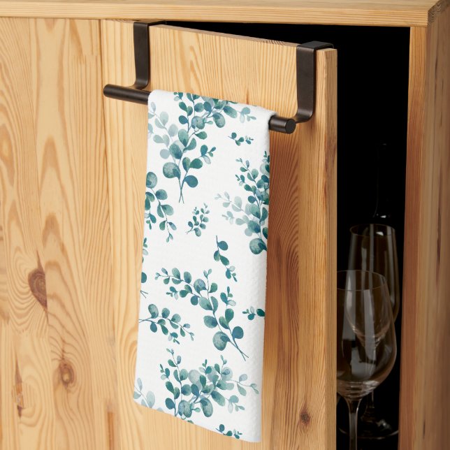 Watercolor eucalyptus greenery tea towel (Thirds Fold)
