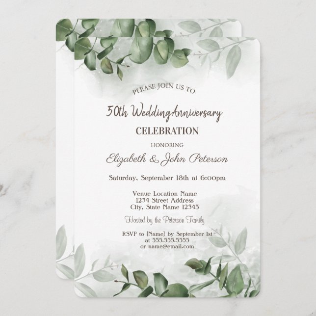 Watercolor Eucalyptus Greenery Wedding Anniversary Invitation (Front/Back)