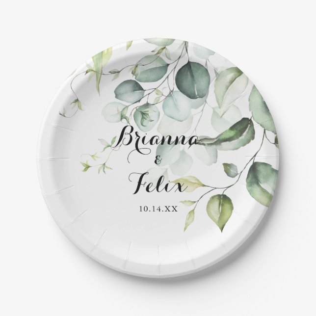 Watercolor Eucalyptus Greenery Wedding Cake  Paper Plate (Front)