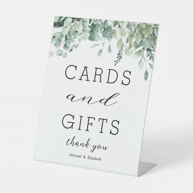 Watercolor Eucalyptus Greenery Wedding Cards Gifts Pedestal Sign (Front)