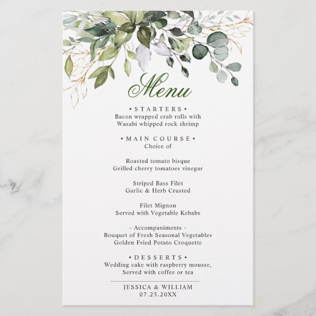Watercolor Eucalyptus Greenery Wedding Dinner Menu (Front)