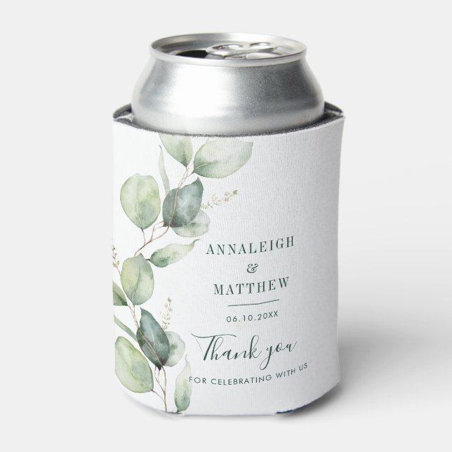 Watercolor Eucalyptus Greenery Wedding Favours Can Cooler (Can Front)