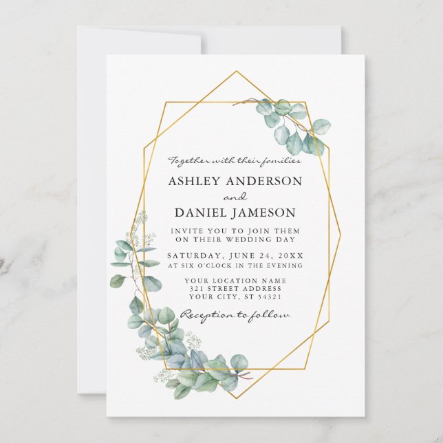 Watercolor Eucalyptus Greenery Wedding Gold Frame Invitation (Front)