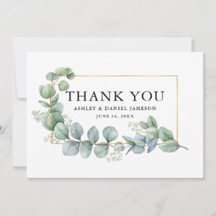 Watercolor Eucalyptus Greenery Wedding Gold Frame Thank You Card