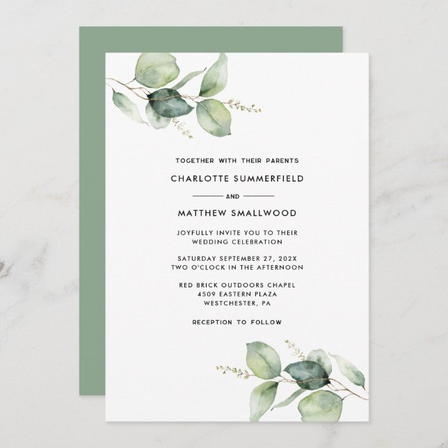 Watercolor Eucalyptus Greenery Wedding Invitation (Front/Back)