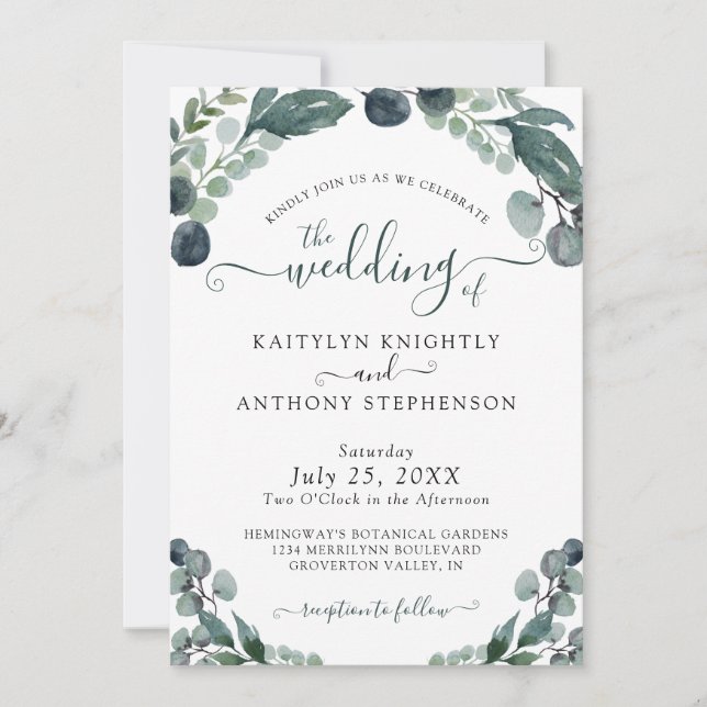 Watercolor Eucalyptus Greenery Wedding Invitation (Front)