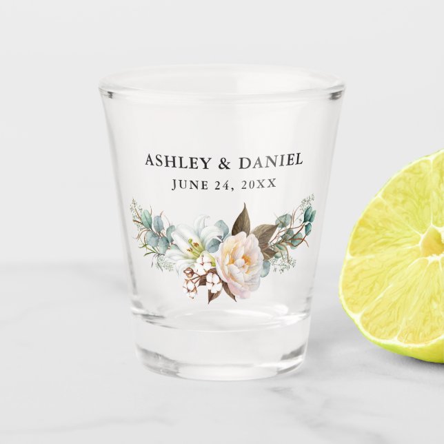 Watercolor Eucalyptus Greenery Wedding Shot Glass (Front)