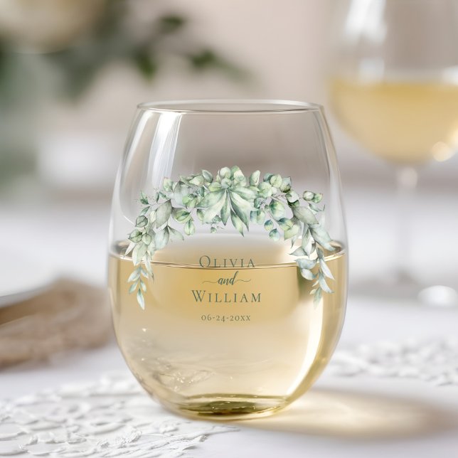 Watercolor Eucalyptus Greenery Wedding Stemless Wine Glass (Creator Uploaded)