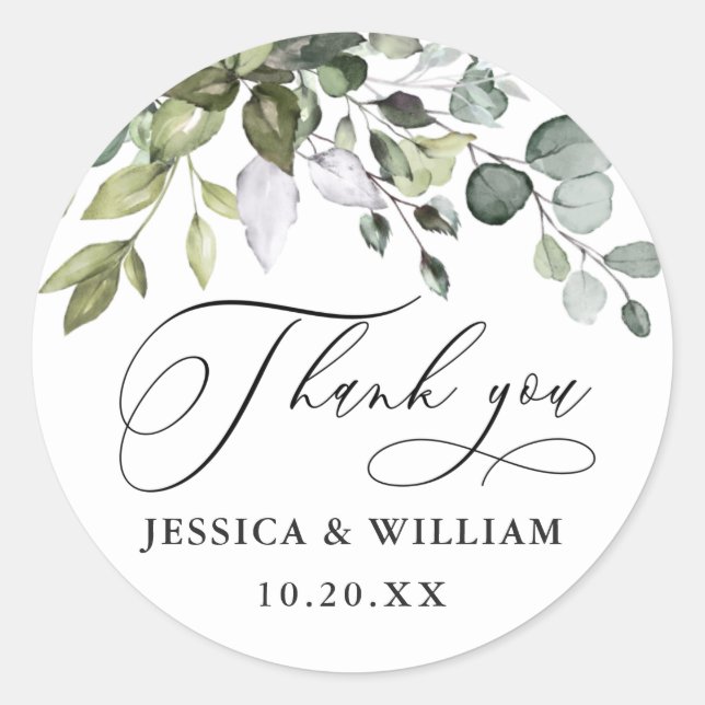 Watercolor Eucalyptus Greenery Wedding Thank You Classic Round Sticker (Front)