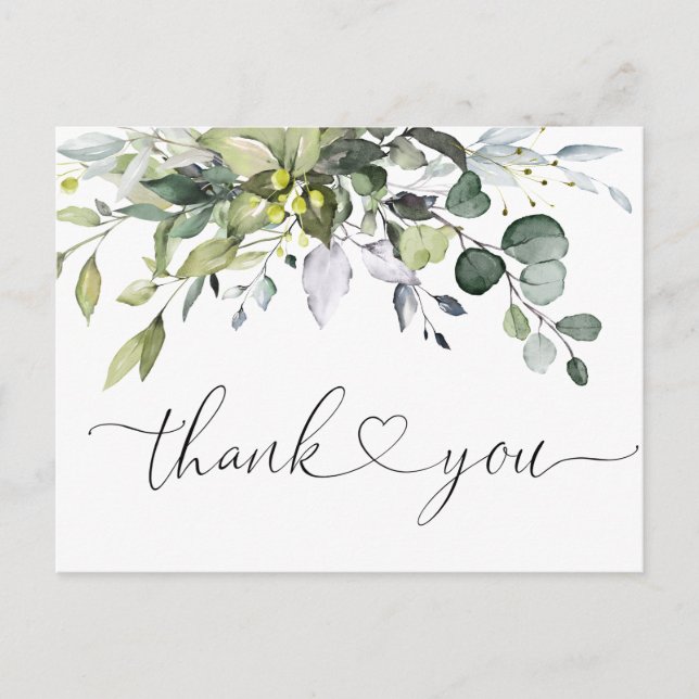 Watercolor Eucalyptus Greenery Wedding Thank You Postcard (Front)