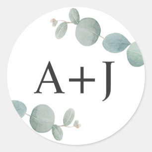 Watercolor Eucalyptus Greenery with Initials Classic Round Sticker