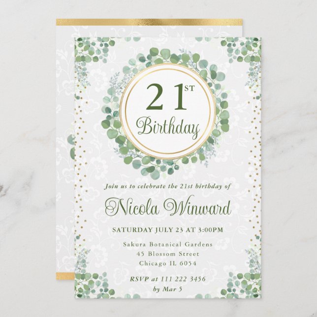 Watercolor Eucalyptus Greenery Wreath Birthday Invitation (Front/Back)