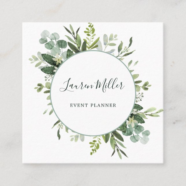 Watercolor Eucalyptus Greenery Wreath Square Business Card (Front)