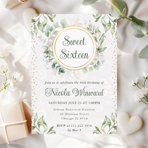 Watercolor Eucalyptus Greenery Wreath Sweet 16 Invitation