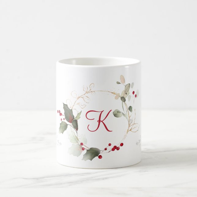 Watercolor Eucalyptus Holly Berry Glitter Holiday Coffee Mug (Center)