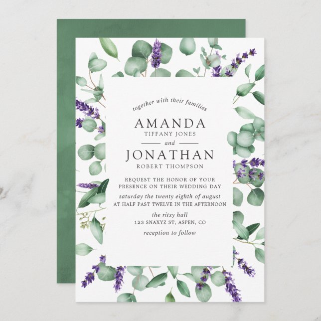Watercolor Eucalyptus Lavender Greenery Wedding Invitation (Front/Back)