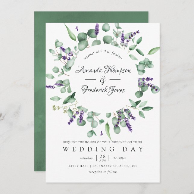 Watercolor Eucalyptus Lavender Greenery Wedding Invitation (Front/Back)