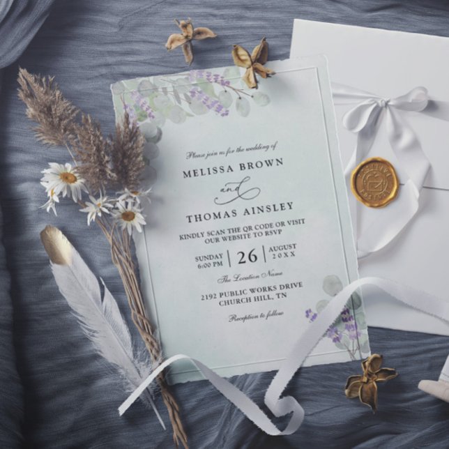 Watercolor Eucalyptus Lavender QR Code Wedding Invitation (Creator Uploaded)