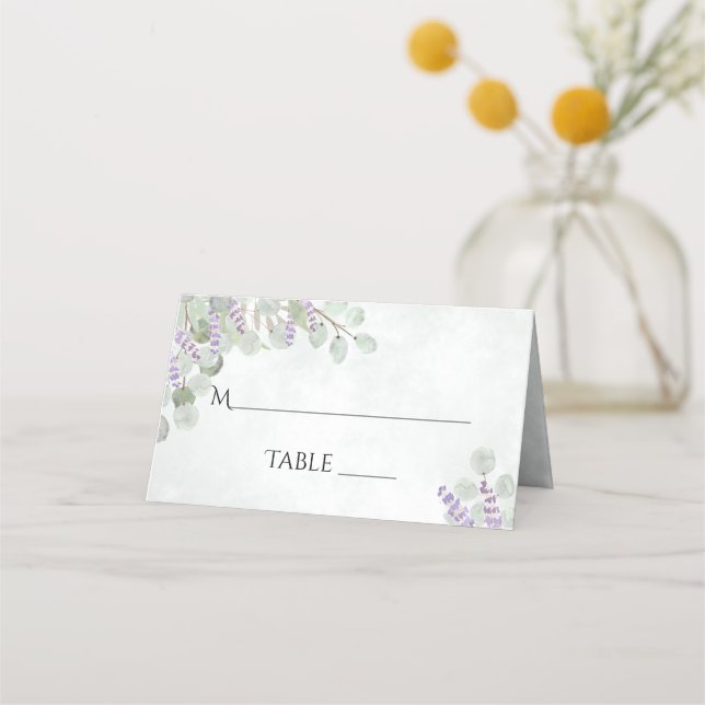 Watercolor Eucalyptus & Lavender Write-In Wedding Place Card (Front)