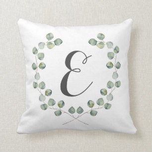 Watercolor Eucalyptus Leaf Frame   Monogram Cushion