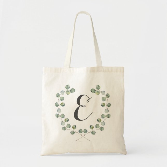 Watercolor Eucalyptus Leaf Frame | Monogram Tote Bag (Front)
