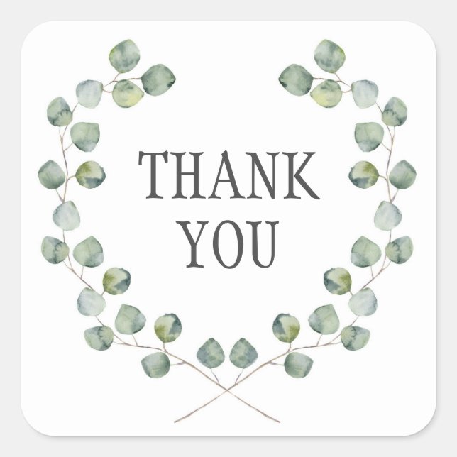 Watercolor Eucalyptus Leaf Frame | Thank You Square Sticker (Front)