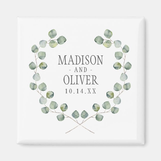 Watercolor Eucalyptus Leaf Frame | Wedding Magnet (Front)