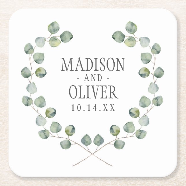 Watercolor Eucalyptus Leaf Frame | Wedding Square Paper Coaster (Front)